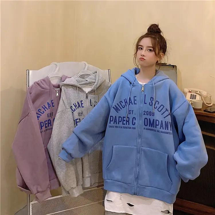 Women Blue Hooded Zipper Jacket Korean Style Loose Fit — feature 15