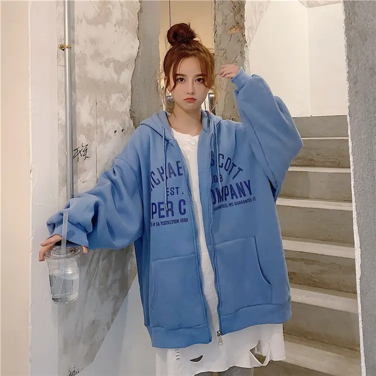 Women Blue Hooded Zipper Jacket Korean Style Loose Fit — feature 16