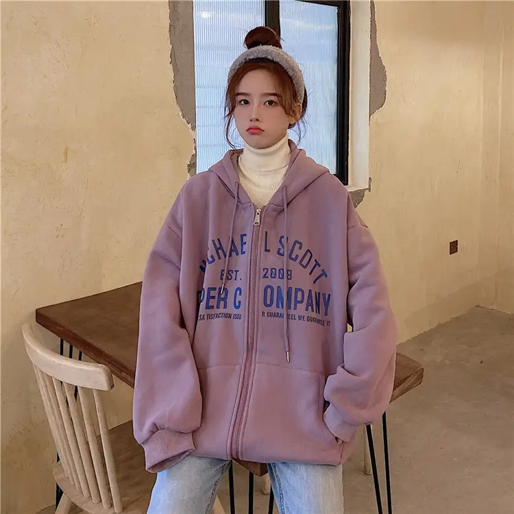 Women Blue Hooded Zipper Jacket Korean Style Loose Fit — feature 19