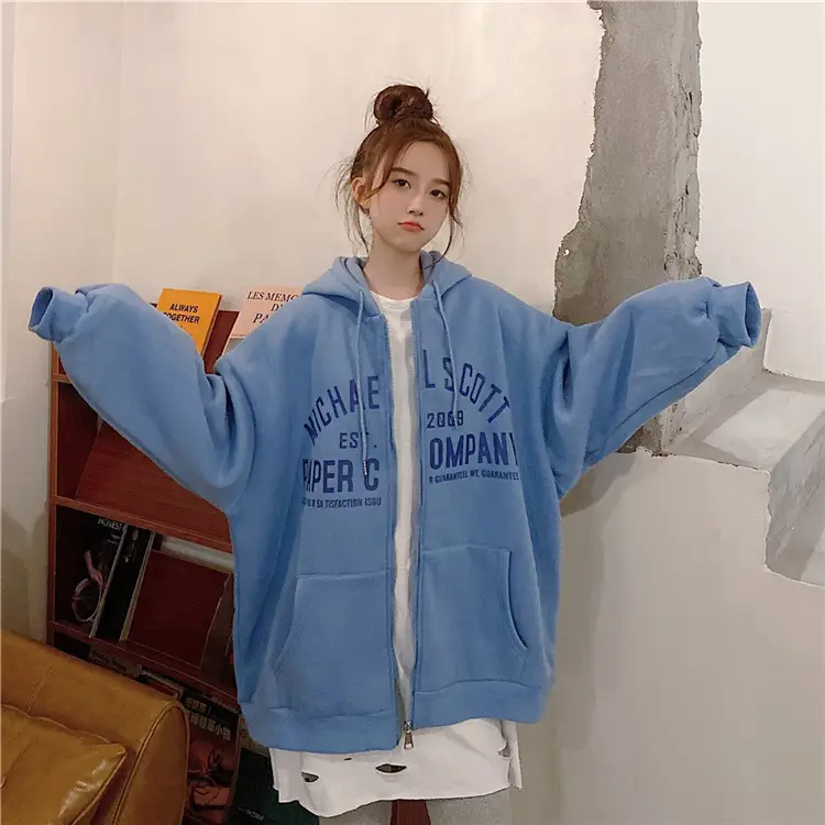 Women Blue Hooded Zipper Jacket Korean Style Loose Fit — feature 2