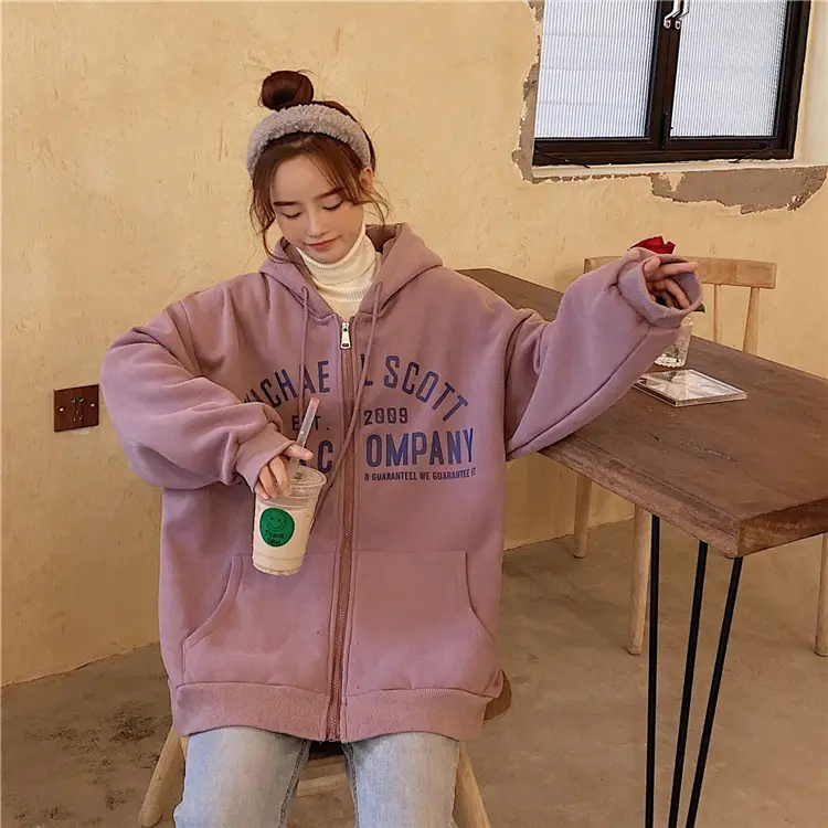 Women Blue Hooded Zipper Jacket Korean Style Loose Fit — feature 22