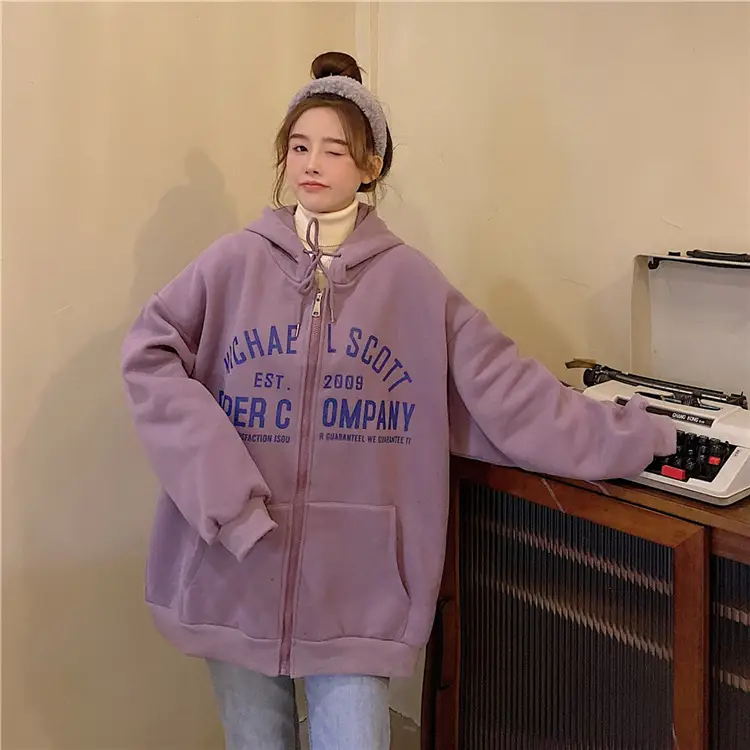 Women Blue Hooded Zipper Jacket Korean Style Loose Fit — feature 23