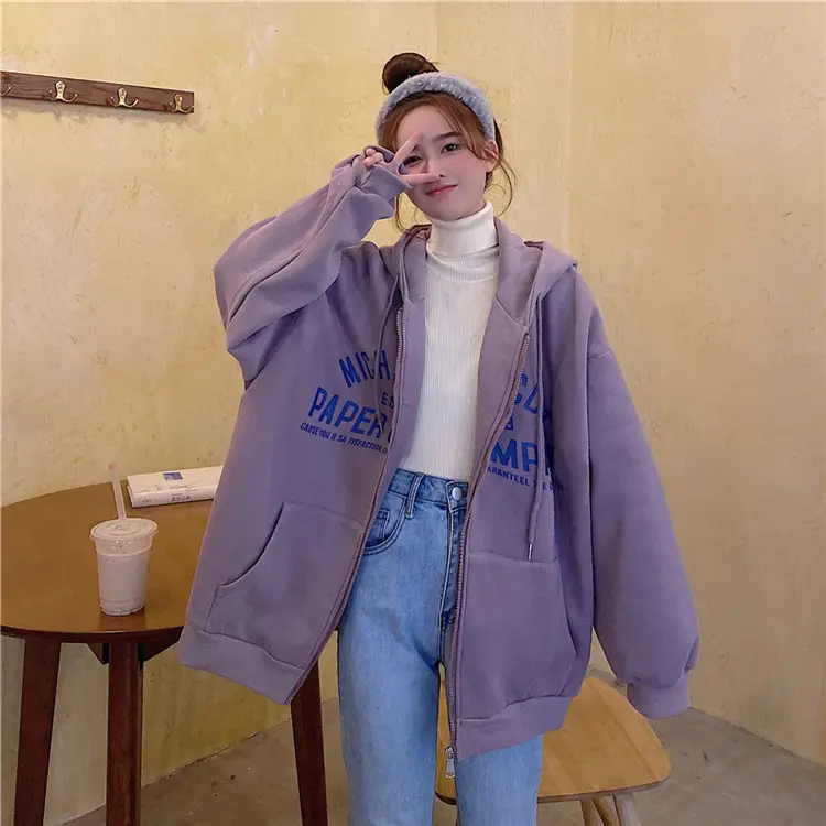 Women Blue Hooded Zipper Jacket Korean Style Loose Fit — feature 28