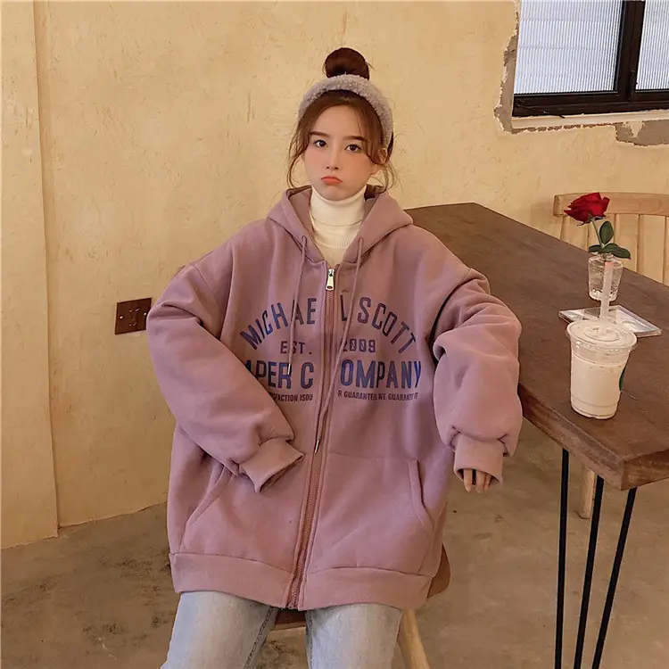 Women Blue Hooded Zipper Jacket Korean Style Loose Fit — feature 29