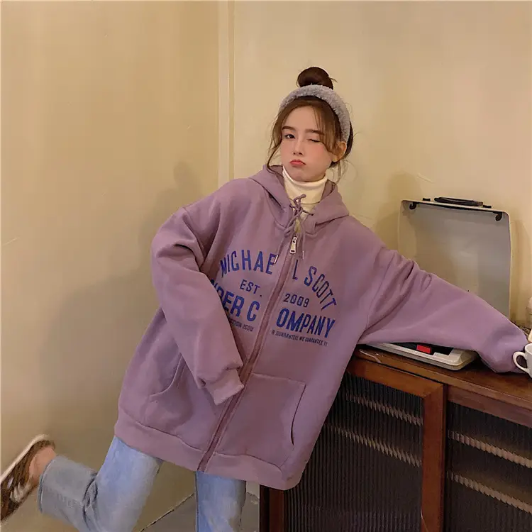 Women Blue Hooded Zipper Jacket Korean Style Loose Fit — feature 30