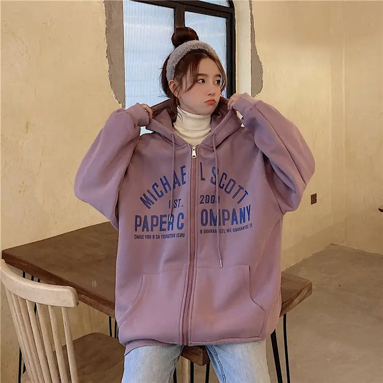 Women Blue Hooded Zipper Jacket Korean Style Loose Fit — feature 31