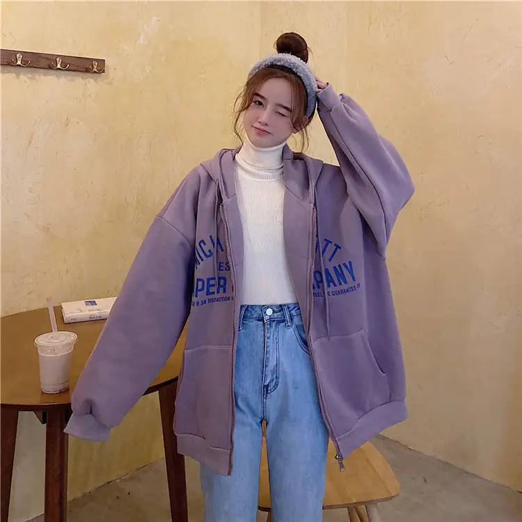 Women Blue Hooded Zipper Jacket Korean Style Loose Fit — feature 32