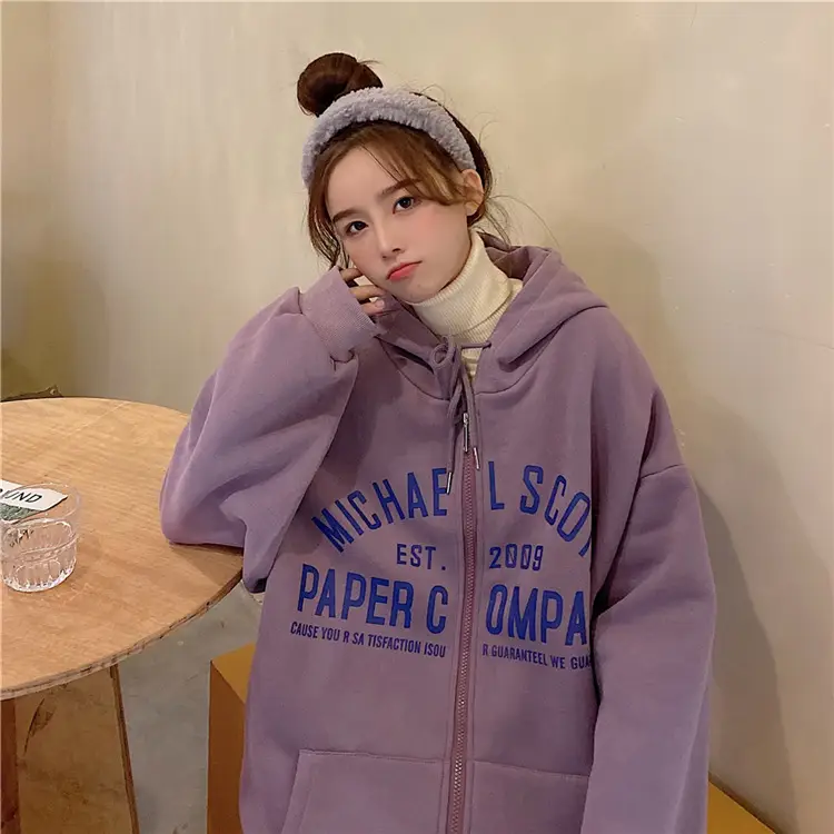 Women Blue Hooded Zipper Jacket Korean Style Loose Fit — feature 33