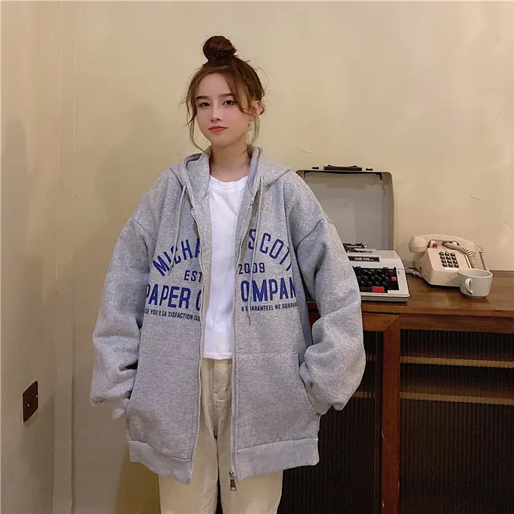 Women Blue Hooded Zipper Jacket Korean Style Loose Fit — feature 36