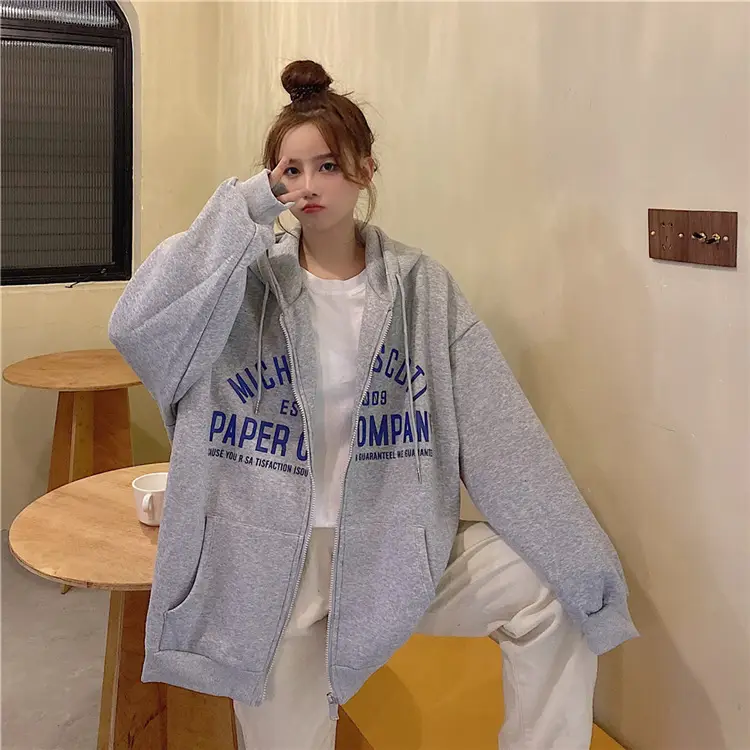 Women Blue Hooded Zipper Jacket Korean Style Loose Fit — feature 37
