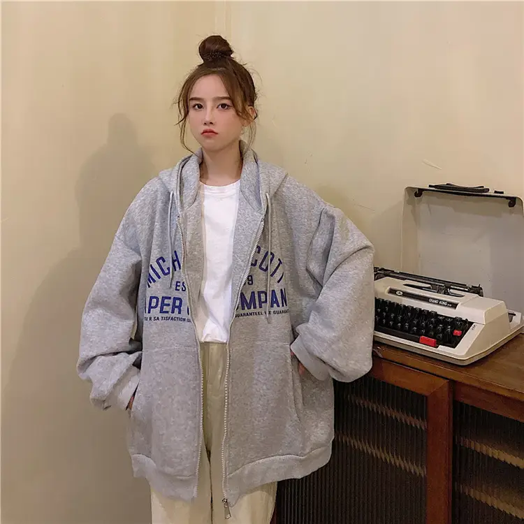 Women Blue Hooded Zipper Jacket Korean Style Loose Fit — feature 39