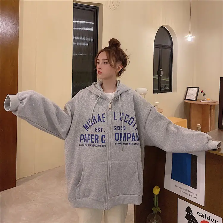 Women Blue Hooded Zipper Jacket Korean Style Loose Fit — feature 43