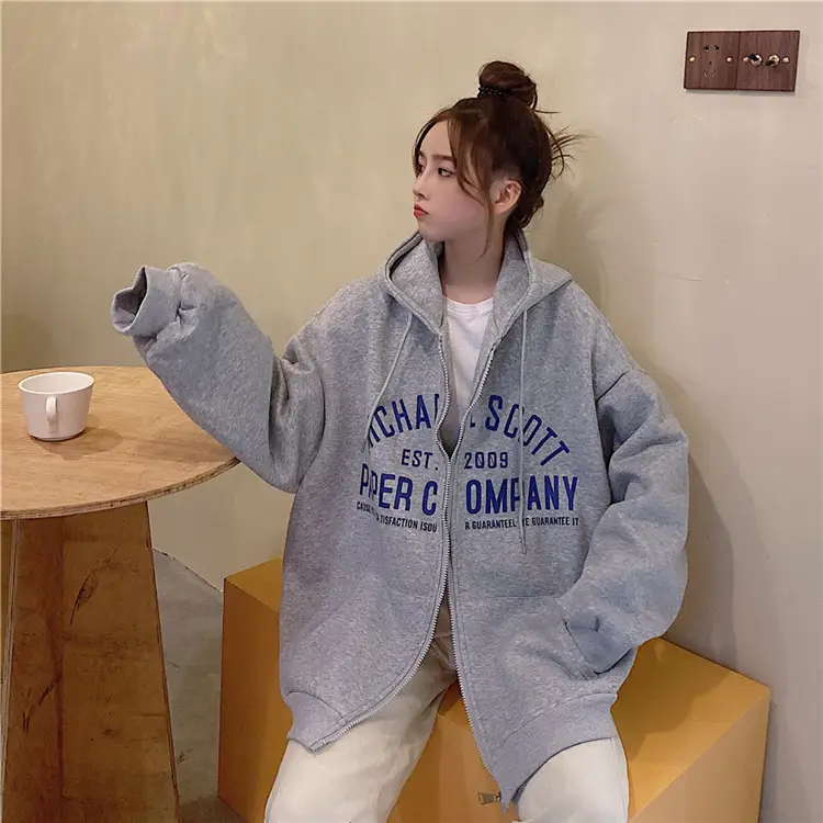 Women Blue Hooded Zipper Jacket Korean Style Loose Fit — feature 44