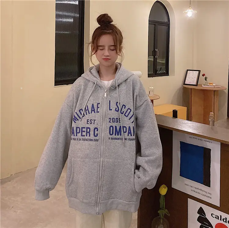 Women Blue Hooded Zipper Jacket Korean Style Loose Fit — feature 45