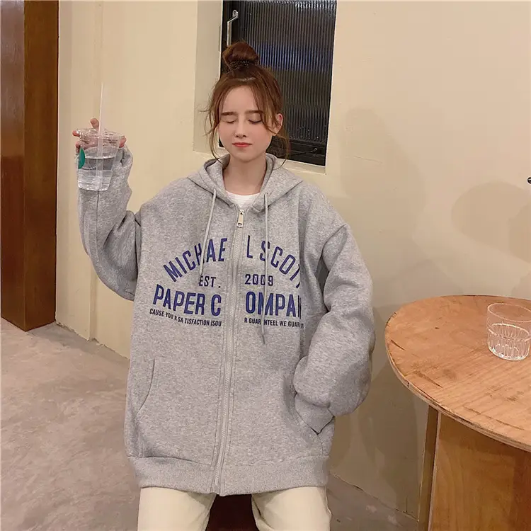 Women Blue Hooded Zipper Jacket Korean Style Loose Fit — feature 47