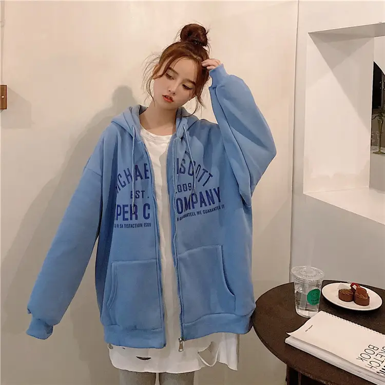 Women Blue Hooded Zipper Jacket Korean Style Loose Fit — feature 8
