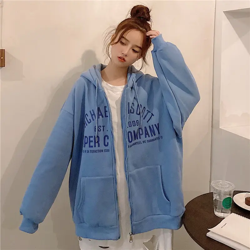 Women Blue Hooded Zipper Jacket Korean Style Loose Fit
