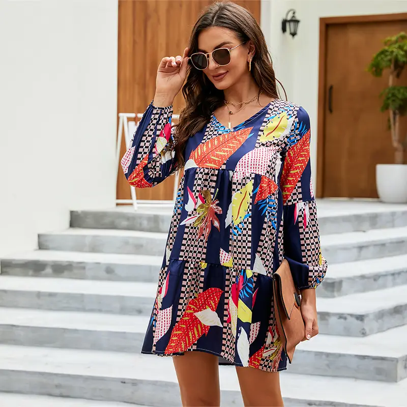 Summer V Neck Printed Dress Navy Blue Black Polka Dot