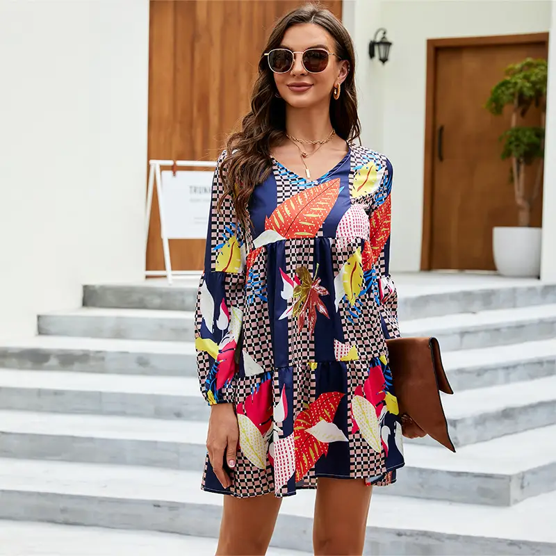 Summer V Neck Printed Dress Navy Blue Black Polka Dot — feature 21