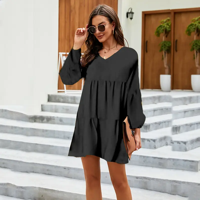 Summer V Neck Printed Dress Navy Blue Black Polka Dot