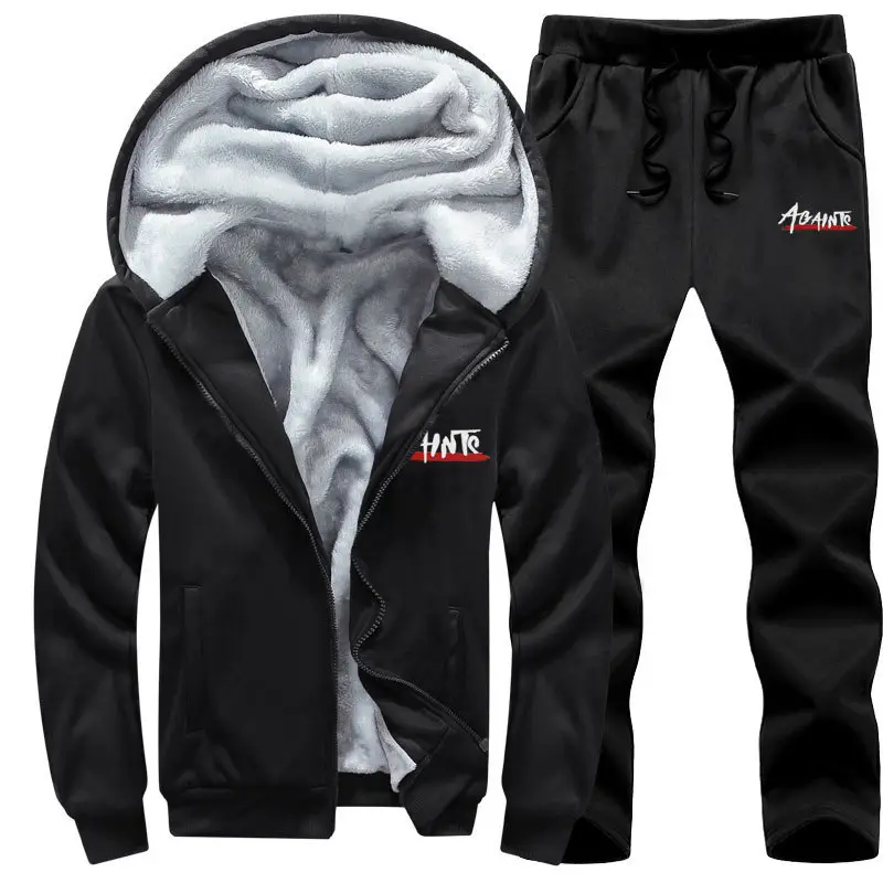 Men's Grey Velvet Hoodie Track Suit Winter Warm Two-Piece