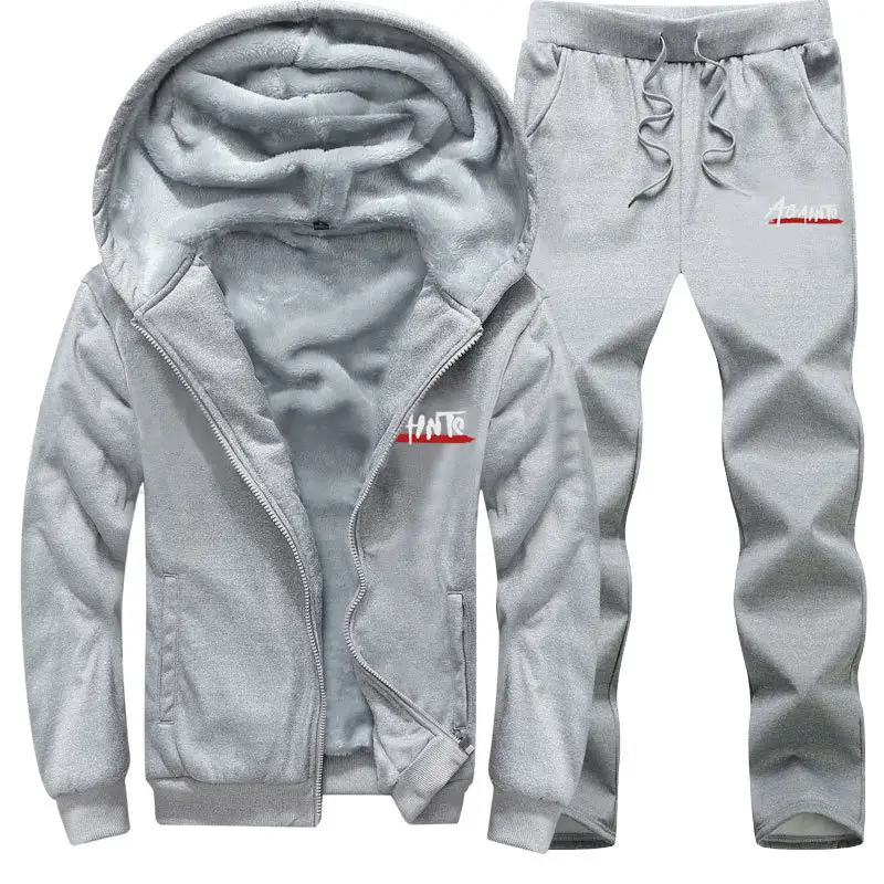Men's Grey Velvet Hoodie Track Suit Winter Warm Two-Piece