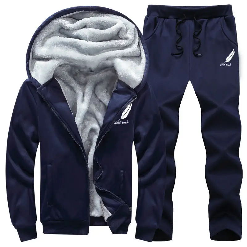 Men Fleece Lined Hoodie Pants Set Grey Winter Casual
