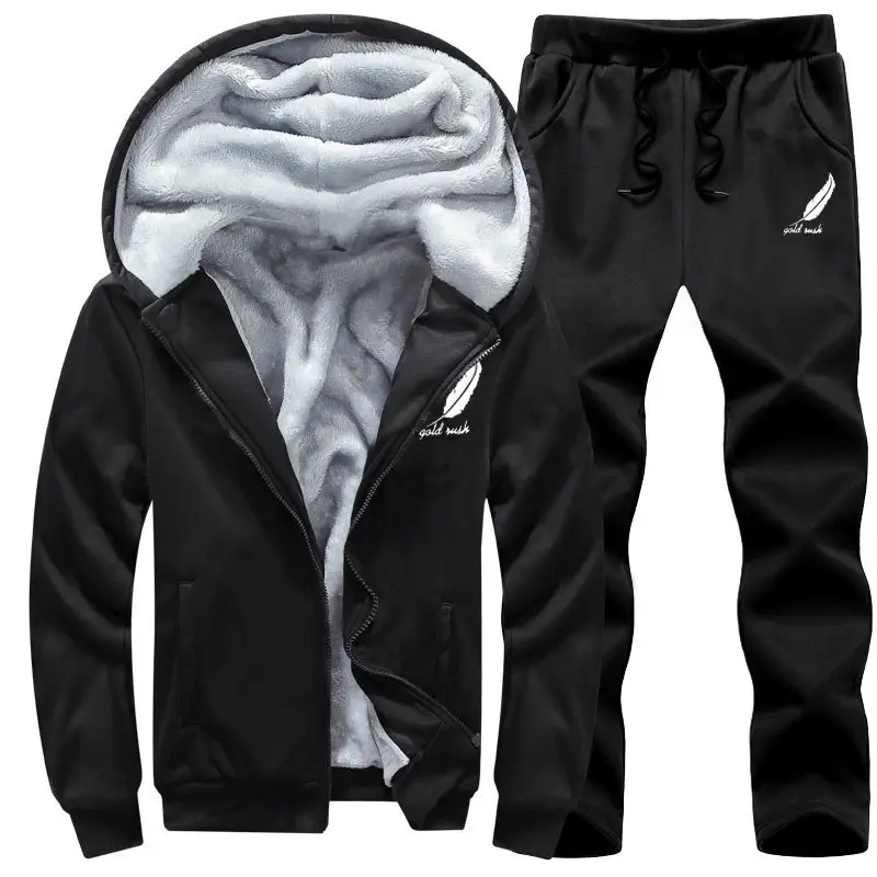 Men Fleece Lined Hoodie Pants Set Grey Winter Casual