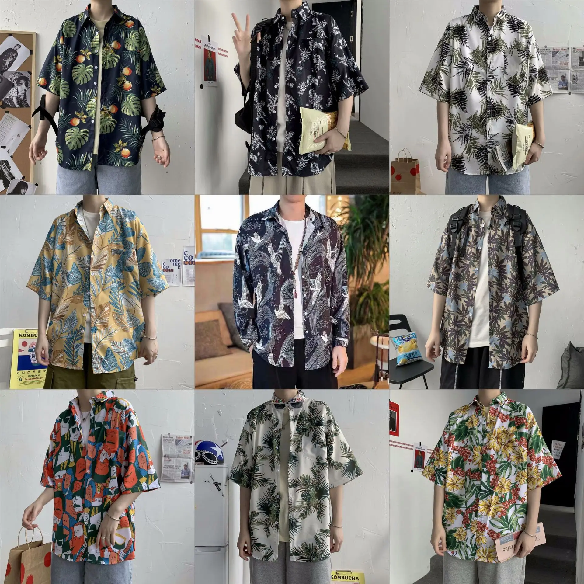 Men Safflower Leaf Print Short Sleeve Shirt - Image 17