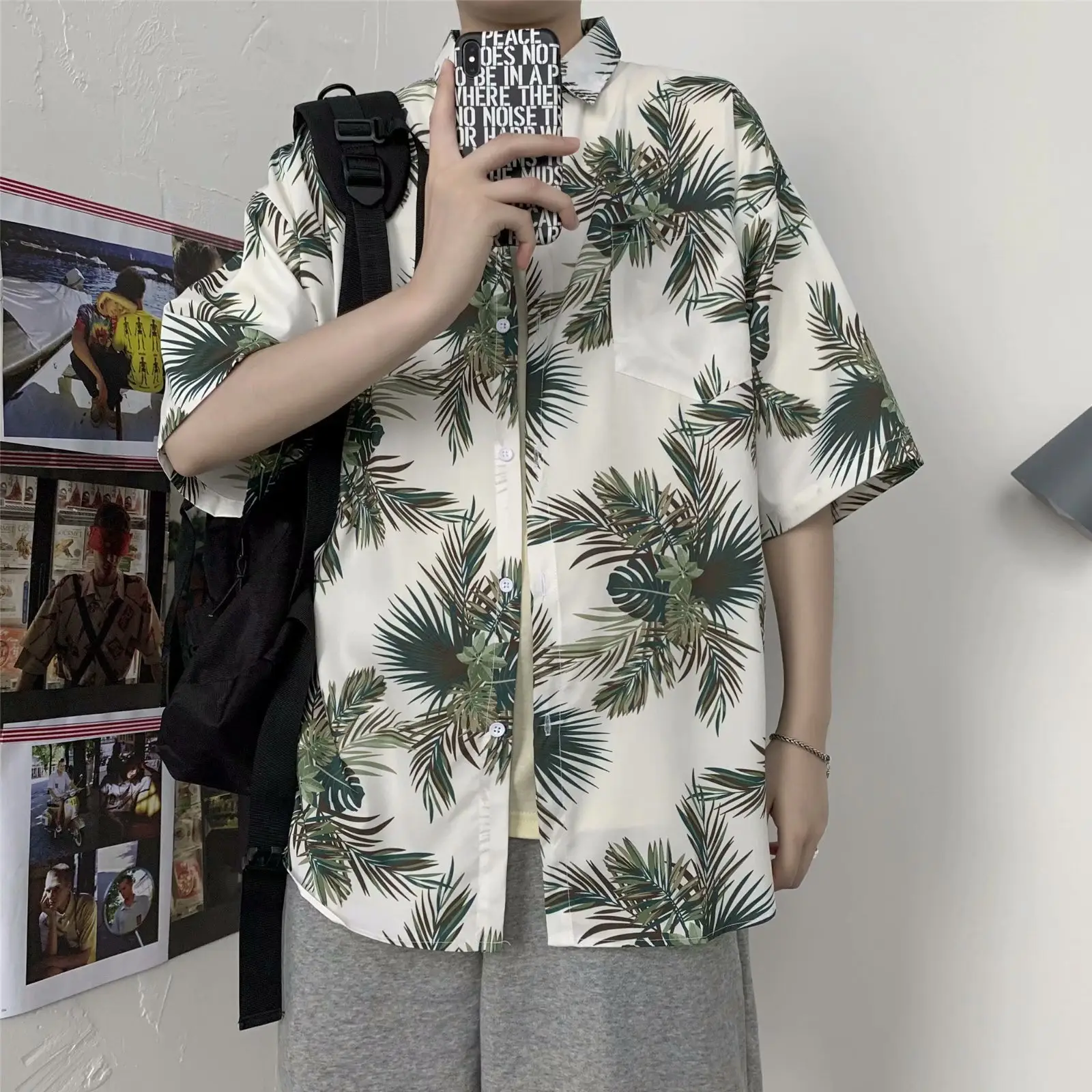 Men Safflower Leaf Print Short Sleeve Shirt - Image 18