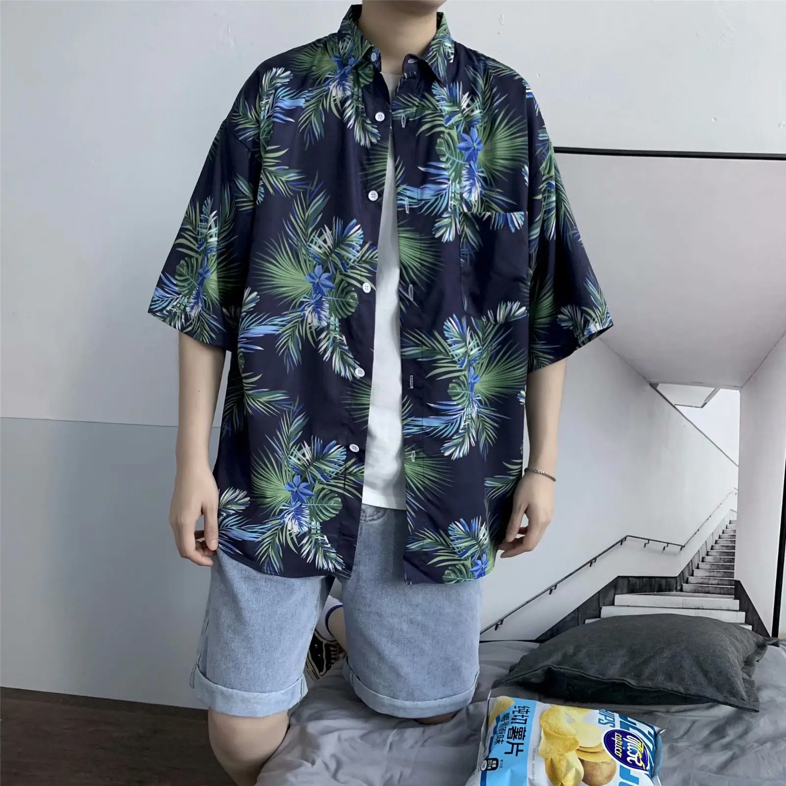 Men Safflower Leaf Print Short Sleeve Shirt - Image 20