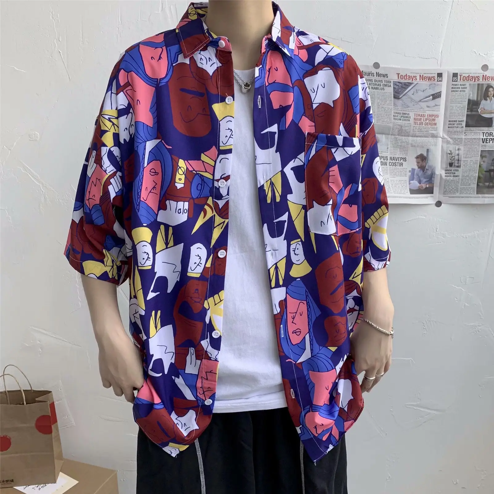 Men Safflower Leaf Print Short Sleeve Shirt - Image 10