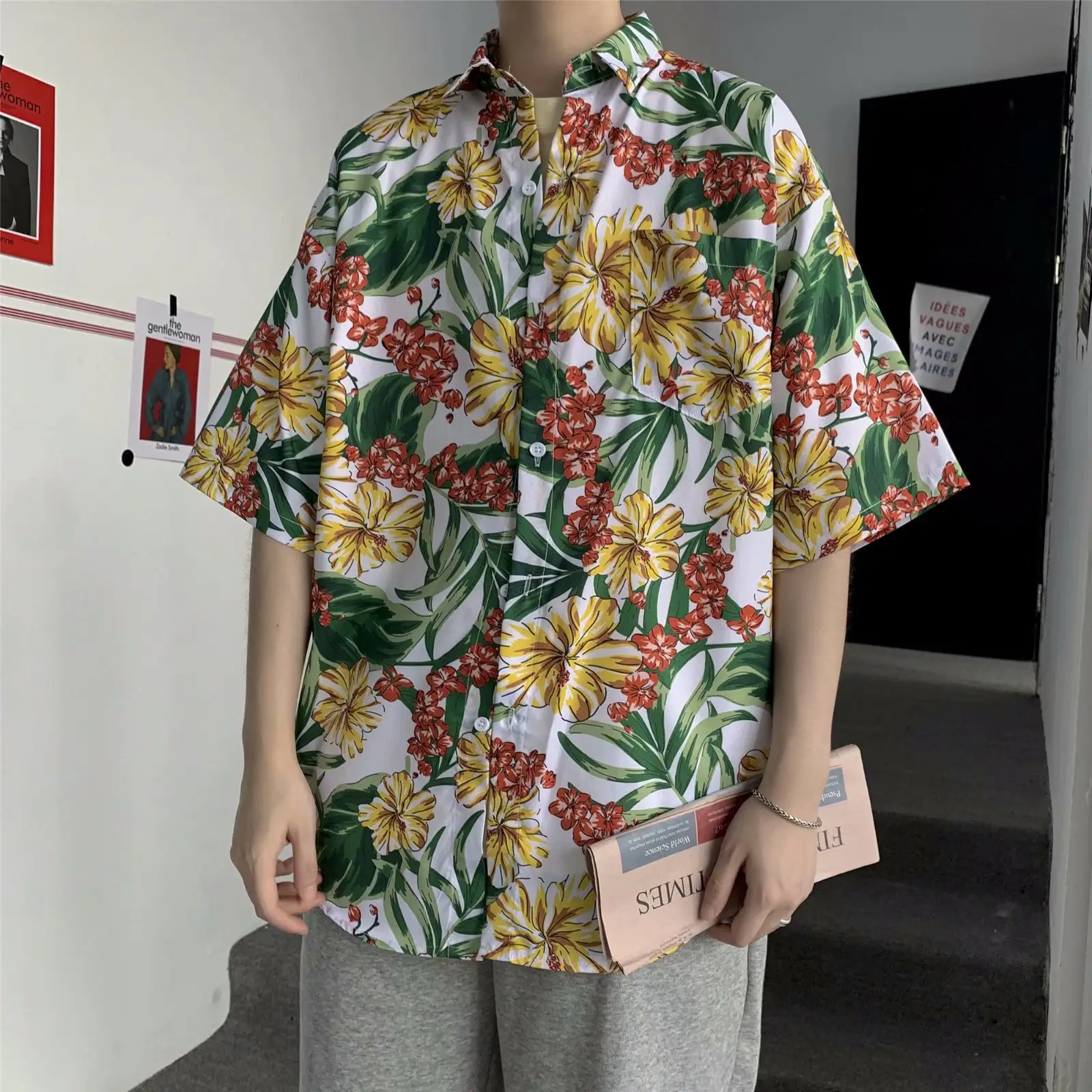 Men Safflower Leaf Print Short Sleeve Shirt - Image 12
