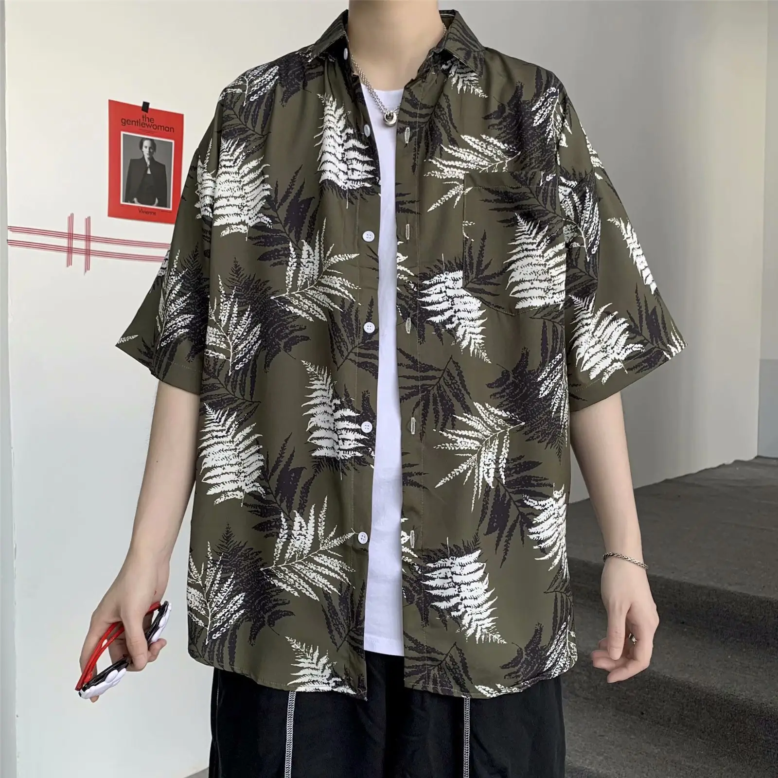 Men Safflower Leaf Print Short Sleeve Shirt - Image 14