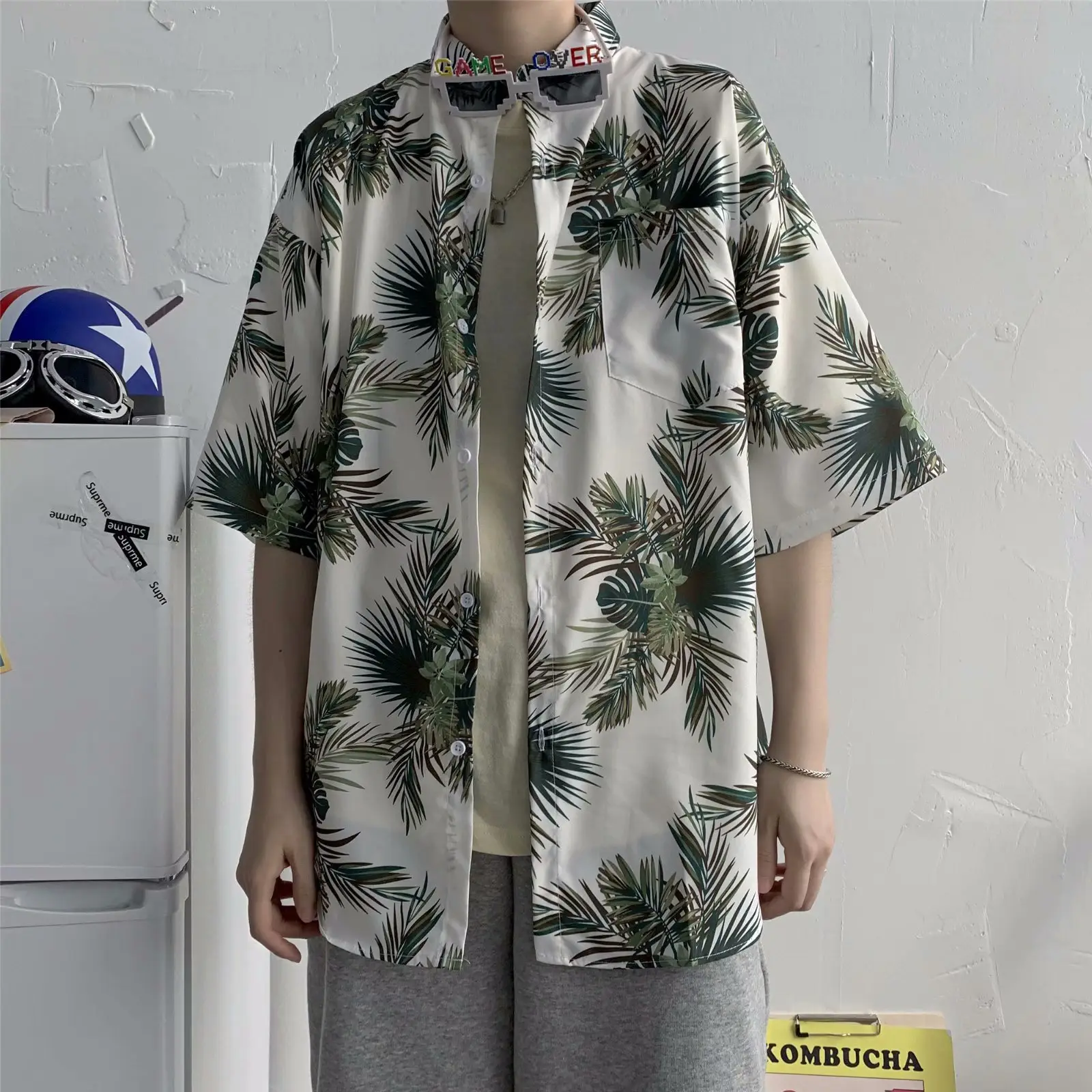 Men Safflower Leaf Print Short Sleeve Shirt - Image 6