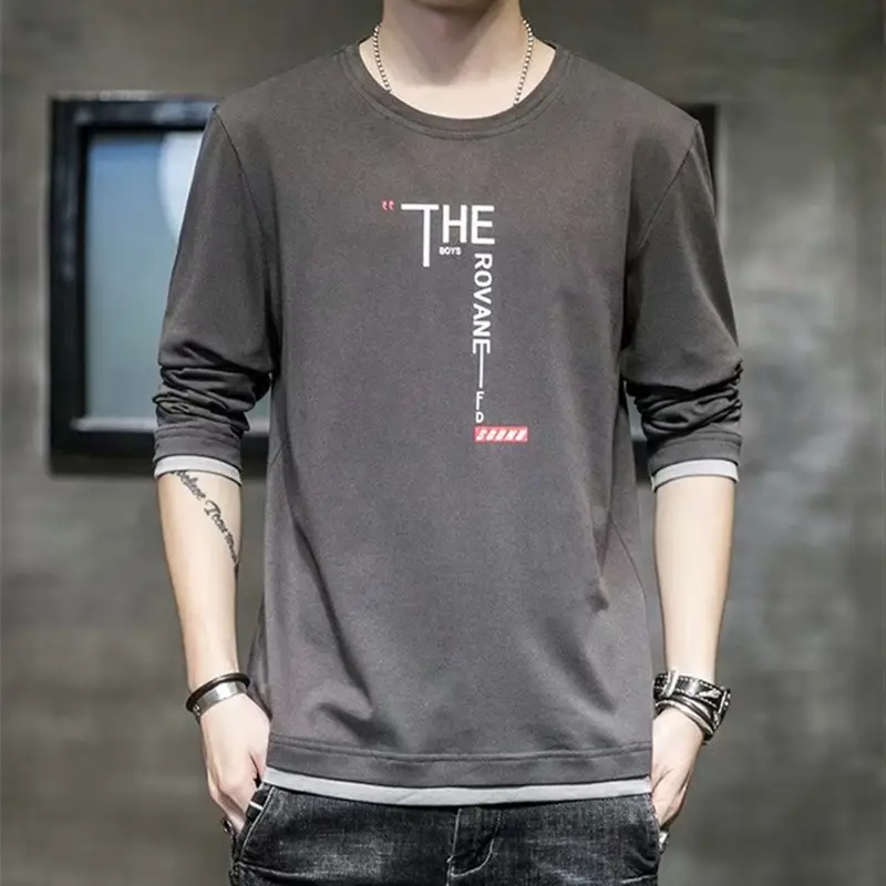 Men Long Sleeve T-Shirt Grey Slim Fit 2020 - Image 8