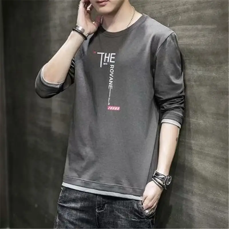 Men Long Sleeve T-Shirt Grey Slim Fit 2020 - Image 2