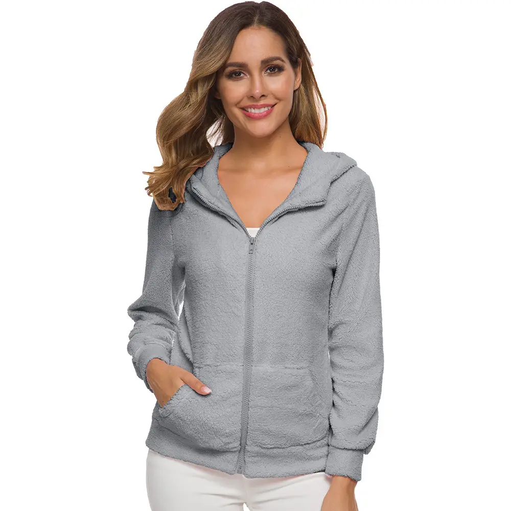 Women's Stuffed Zipper Hoodie Cream Solid Color - Image 13