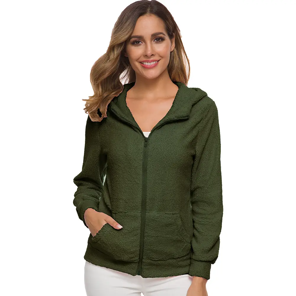 Women's Stuffed Zipper Hoodie Cream Solid Color — feature 13