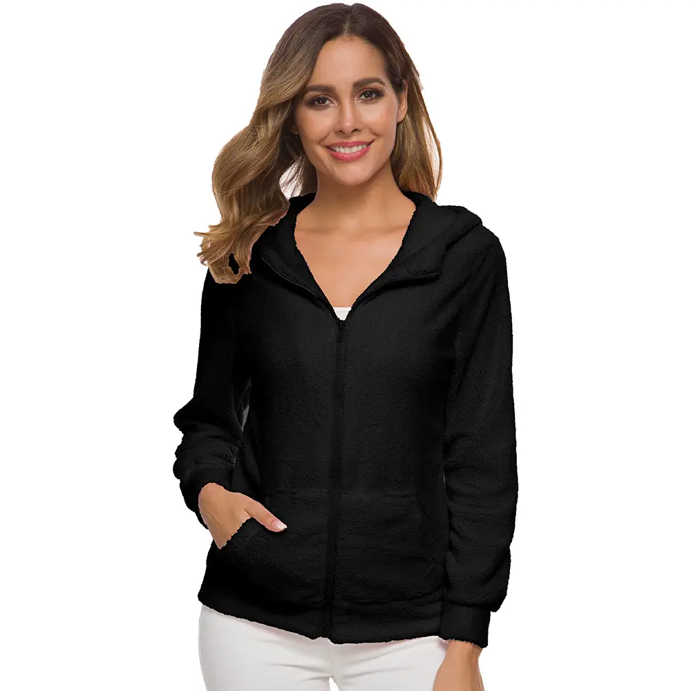 Women's Stuffed Zipper Hoodie Cream Solid Color — feature 19