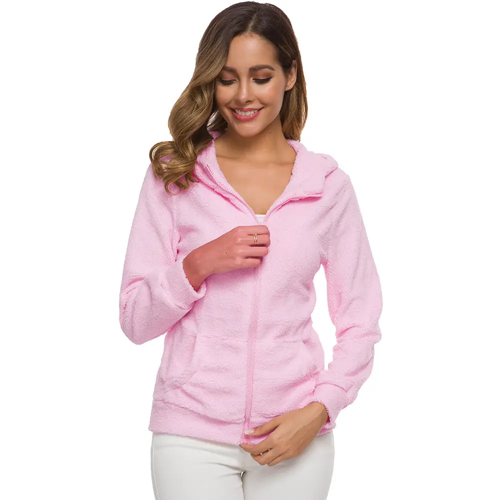 Women's Stuffed Zipper Hoodie Cream Solid Color — feature 6