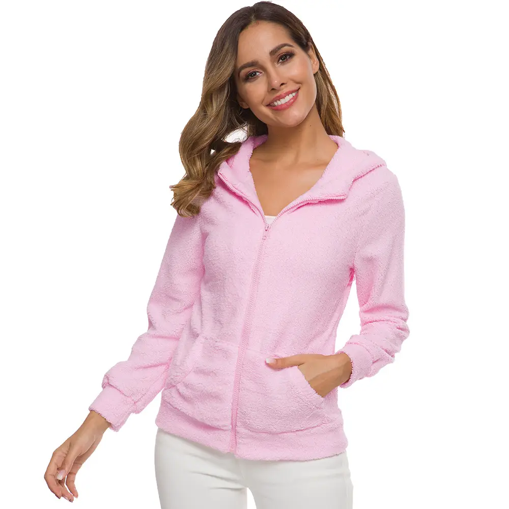 Women's Stuffed Zipper Hoodie Cream Solid Color — feature 7