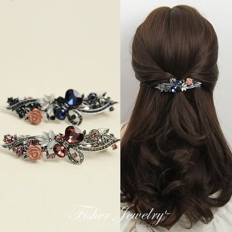New Classic Retro Hairpin Flower Top Clip Rhinestone Large Spring Clip Ponytail Clip