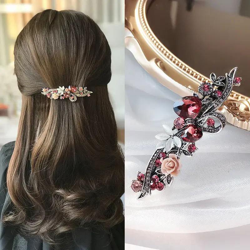 New Classic Retro Hairpin Flower Top Clip Rhinestone Large Spring Clip Ponytail Clip