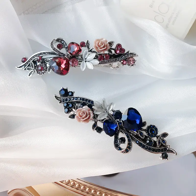 New Classic Retro Hairpin Flower Top Clip Rhinestone Large Spring Clip Ponytail Clip