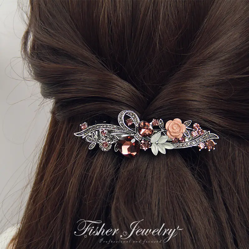 New Classic Retro Hairpin Flower Top Clip Rhinestone Large Spring Clip Ponytail Clip — feature 25