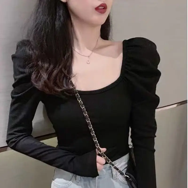 Women Square Neck Puff Sleeve Long Sleeve Black T-Shirt - Image 3