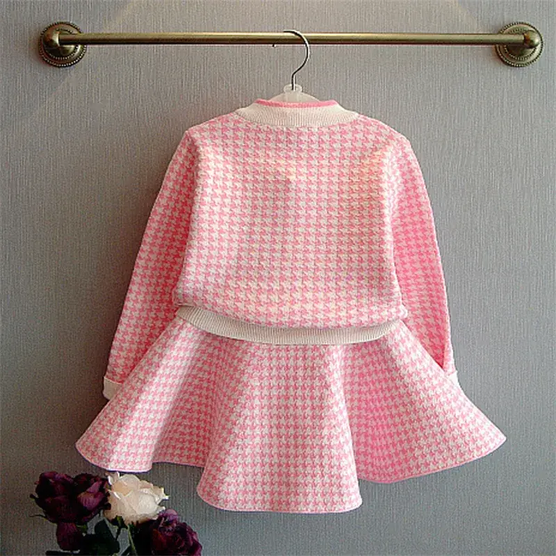 Dangdang tree autumn Korean style Plaid knitted suit children's houndstooth cardigan skirt two-piece Children's suit wholesale