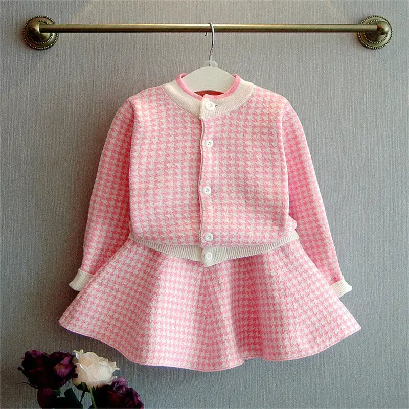 Dangdang tree autumn Korean style Plaid knitted suit children's houndstooth cardigan skirt two-piece Children's suit wholesale