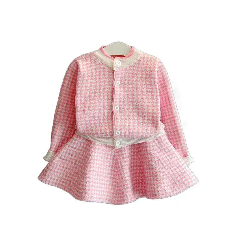 Dangdang tree autumn Korean style Plaid knitted suit children's houndstooth cardigan skirt two-piece Children's suit wholesale